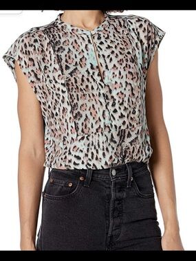 J. Crew Mint and Pink Leopard Cap-Sleeve Blouse